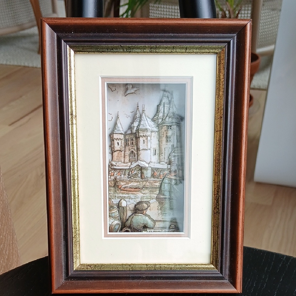 Anton Pieck 3-D Shadow Box River Scene Hand Cut Paper Art 7.5" x 5.75"